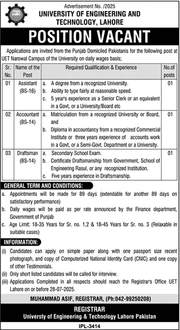 Jobs in University of Engineering & Technology Lahore